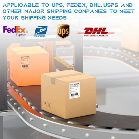 Direct Thermal Shipping Labels Four By Six Inches Two Hundred Fifty Count Perforated Sheets in use on a conveyor belt for various carriers.