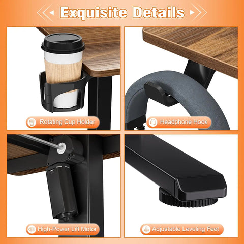 Sick Electric Adjustable Desk With Drawers For Home Office Standing Computer Workstation showing rotating cup holder and headphone hook.