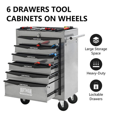 Badass 21 Inch Lockable Tool Storage Cabinet With Heavy Steel Countertop Smooth Ball Bearing Slides For Tough Garage Organization Secure Rolling Shop Locker Silver with six drawers and tools.