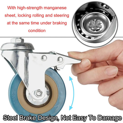 Tough As Nails Silent Roll Caster Wheels With Tight Dual Locks Smooth Glide Pvc Swivel Casters For Furniture Upgrade M10 M12 Threaded Stem Pack Of Four Easy Swap For Beds And Tables, showcasing steel brake mechanism and rubber wheel.