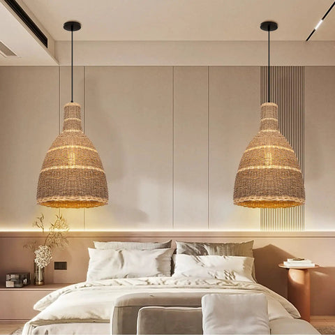 One Light Farmhouse Pendant Light In Natural Rattan And Seagrass, Hanging Ceiling Lamp for Bedroom with Cozy Rustic Vibe