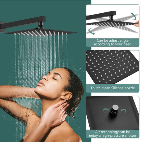 Woman using Dope Matte Black 10 Inch Square Rain Shower System With ABS Handheld Spray Wall Mount Faucet Fixture Rough In Valve Included Brass And SUS304 Stainless Steel Build 1.46 GPM