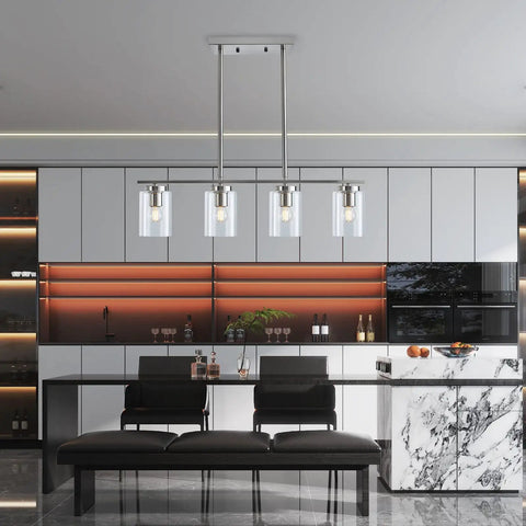Four Light Brushed Nickel Island Pendant Lights With Clear Glass Shades for Kitchen Island above modern black table