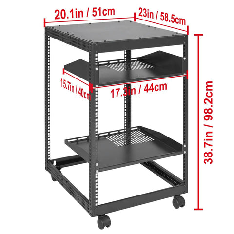 Heavy Duty 20U Server Cabinet With Smooth Rolling Casters And Adjustable Depth Rock Solid Network Equipment Rack For Wall Or Floor AV Gear Setups Built Like A Tank Carbon Steel dimensions shown.