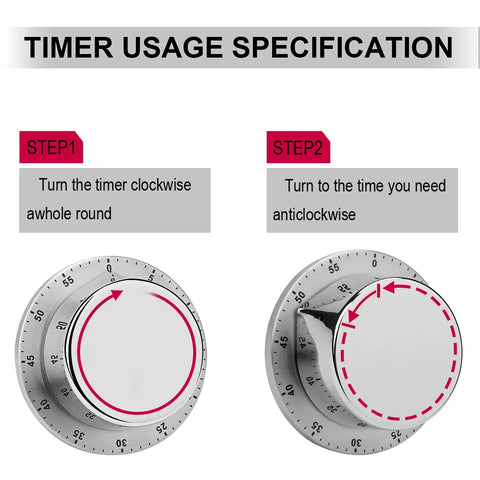 Timer usage steps for Stainless Steel Kitchen Timer With Magnetic Base, Compact 3.1 Inch Dial, Countdown Timer For Cooking, Baking, Gym Sessions, And Jogging Must Have Timekeeper Durable, Easy To Read, And Reliable