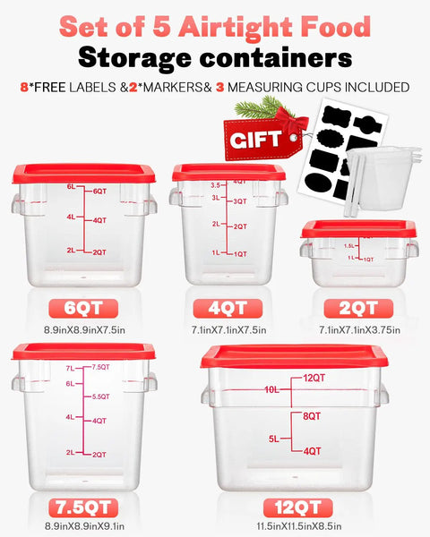 Clear 4 Quart Food Storage Container Set With Red Lids, 4 Pack Square Containers BPA Free Hot And Cold Resistant