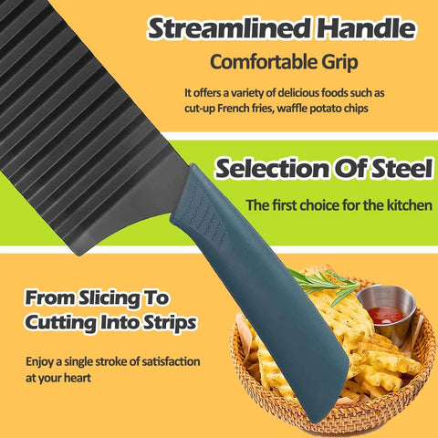 Side view of JAYVAR crinkle cutter wavy veggie slicer with blue handle and stainless steel blade