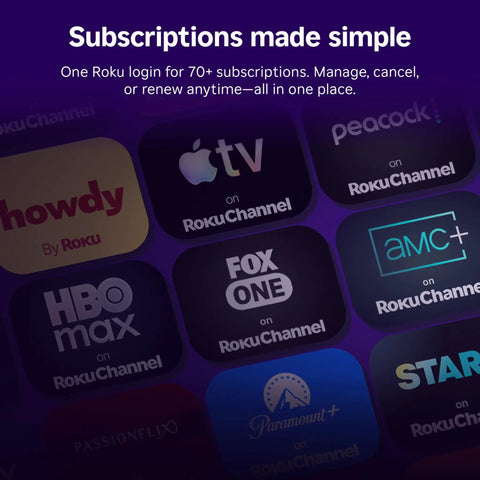 Subscriptions interface showcasing logos for various streaming services on Roku. Perfect for 55 Inch QLED Smart TV usage.