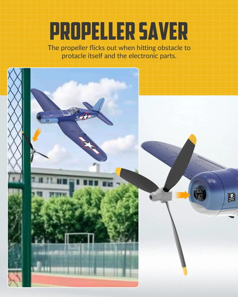 Beginner Friendly WWII F4U Corsair RC Plane With Aileron 4CH 2.4Ghz Remote Xpilot Gyro Stabilizer showing propeller saver feature