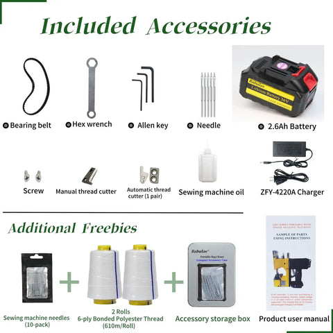Heavy Duty Portable Bag Sealing And Stitching Machine For Woven Bags, Nonwoven Fabrics And Leather - Cordless 36V Battery Pack, The Go-To On-The-Go Packing Tool For Warehouse And Farm, Yellow accessories set with battery, charger, needles, thread, and tools