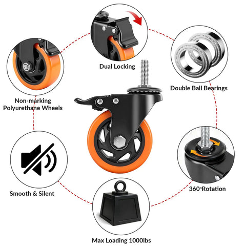 Industrial Grade 4 Inch Caster Wheels With Threaded Stem Swivel Brakes close-up showing dual locking and polyurethane wheel design.