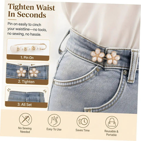 Image demonstrating Eight Piece Pearl Waist Tightener Pin Set Elegant Alloy Dress Cincher Clips securing loose trousers effortlessly.