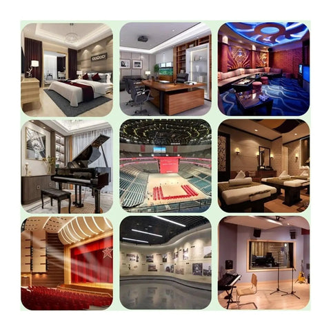 Collage of diverse rooms showcasing 7cm Thick Self Adhesive Egg Crate Acoustic Foam Panels Purple Soundproof Wall Decal use.