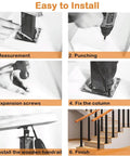 Installation guide steps for Built Like A Tank Black Iron Stair Railing Spindles with adjustable brackets and handrails.
