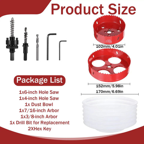 All In One Pro Grade Recessed Lighting Hole Saw Kit With 4 Inch And 6 Inch Cutters, Dust Bowl Catcher, Arbors, Drill Bit, Hex Keys