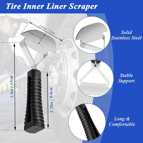 No Sweat Tire Patch Kit With Thirty Durable Rubber Patches Precision Rolling Buffer And Scraper Tool For Quick Flat Repairs And Slick Garage Auto Upgrades On Cars And Rigs - Stainless steel tire inner liner scraper with rubber handle.