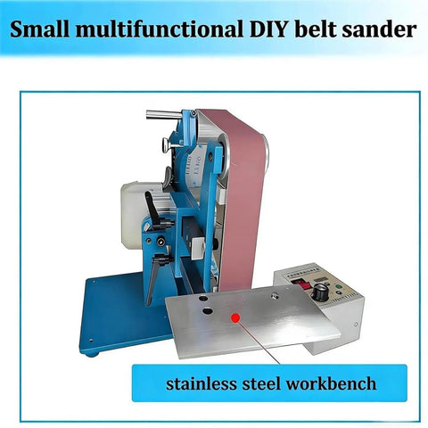 HajMyrdonyx 750W Electric Belt Sander And Polisher Machine With Brushless Motor on stainless steel workbench.