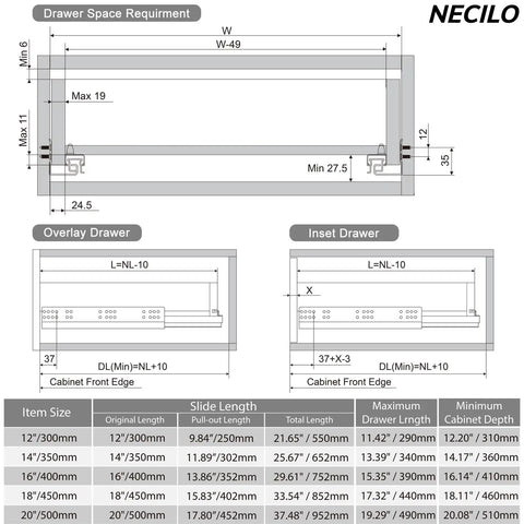 High Capacity 14 Inch Push To Open Soft Close Undermount Drawer Slides dimensions diagram with installation guidelines.
