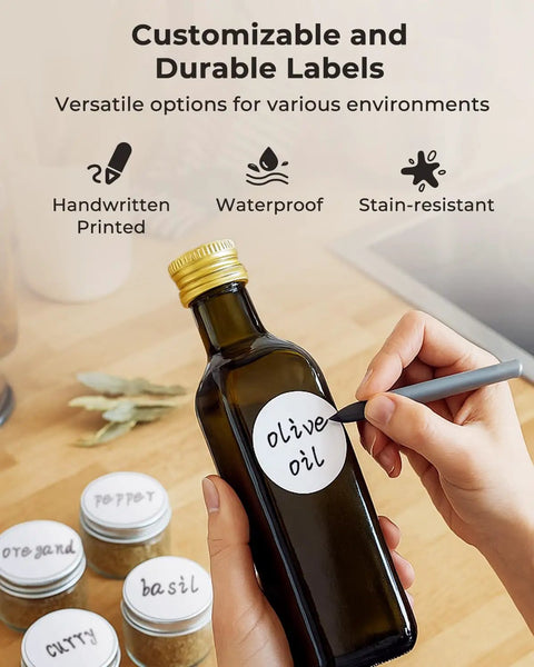 Zero Hassle Two Inch Circle Thermal Shipping Labels Built For Hustling Local Shops Seven Fifty Count Roll on olive oil bottle.