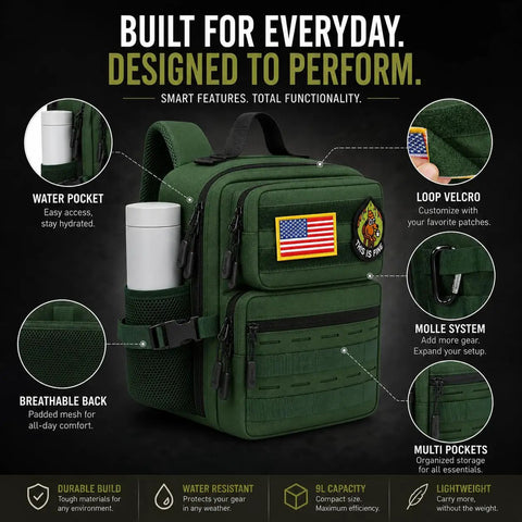 9L Mini Tactical Backpack For Men And Women, Lightweight Waterproof 1000D Oxford Gear Bag with water pocket and velcro patches