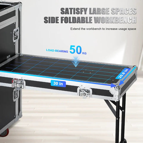 Slick Extra Heavy Duty 16U Rolling Rack Case With Six Smooth Casters And Two Folding Side Tables 30 in foldable workbench.