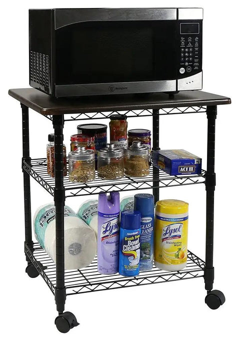 Rock Solid Three Tier Printer Stand Desk Organizer In Sleek Black Finish Scratch Resistant Laminate Top With Heavy Duty Steel Frame supporting a microwave with jars.