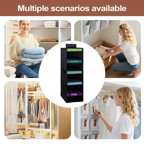 Multipurpose Hanging Closet Rack With Five Built In Dividers Weekly Garment Sorter in various kids room setups.