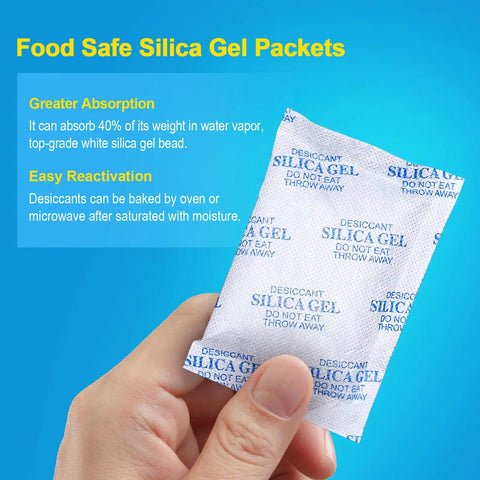 Hella Dry Reusable Silica Gel Packets in hand, showing food-safe desiccant material for moisture absorption and reactivation.