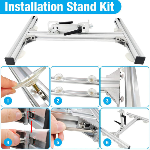 Front view of JQDML 24V reciprocating linear actuator kit with adjustable stand and suction cups on aluminum rails