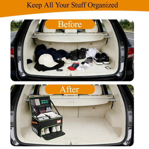 Comparison of trunk before and after using Double Layer Golf Trunk Organizer With Shoe Compartment And Waterproof Storage