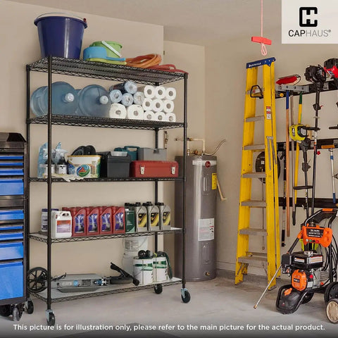 Top Shelf Heavy Duty 5 Tier Wire Shelving Rack With Smooth Rolling Wheels And Quick Adjust Leveling Feet For Tough Kitchen Or Shop Setup Game Changer filled with various storage items in a garage setting.