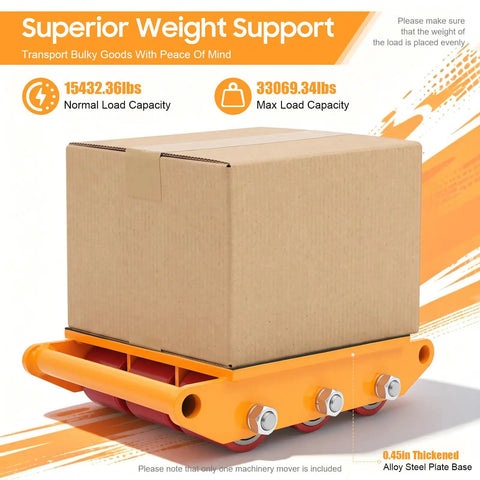 Rock Solid Heavy Duty Machinery Skates With Smooth Rolling Polyurethane Casters For Moving Big Industrial Gear No Sweat Built Tough Alloy Steel Base Supports Up To 15 Ton Loads Easily with cardboard box on orange base.
