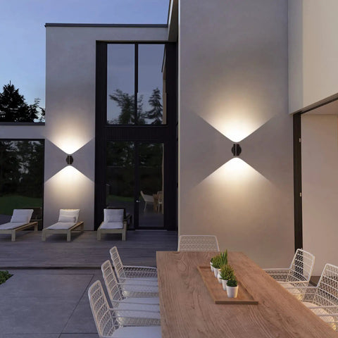 Outdoor Black Wall Sconce Light Up Down 7W LED Dimmable Exterior Wall Fixture IP65 Waterproof Aluminum Cylinder illuminating patio