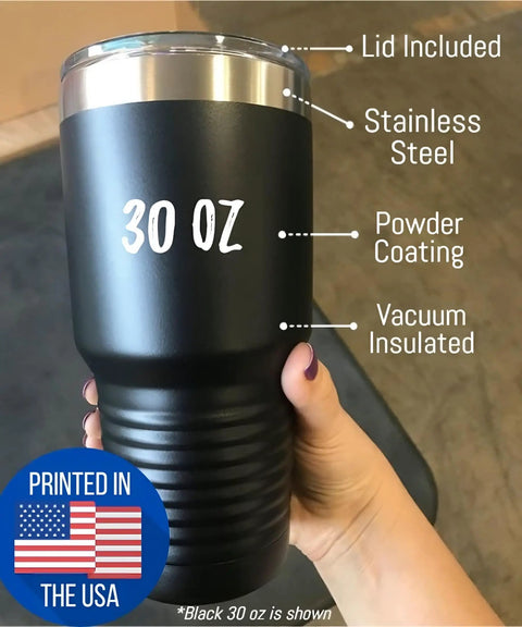 Falconry Tumbler With Lid 30 Oz Insulated Stainless Steel Cup Keeps Drinks Hot Or Cold black finish shown in hand