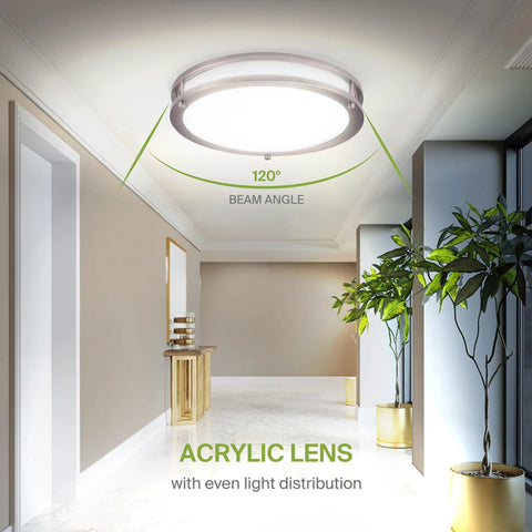 14 Inch Round Flush Mount Ceiling Light With 3 CCT Dimmable LED Energy Star ETL Listed 21W 1675 Lumens shown installed in hallway