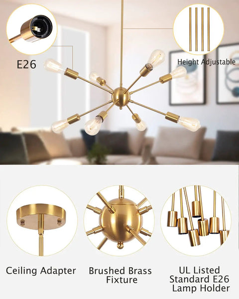 Gold Sputnik Chandelier 8 Light Modern Ceiling Fixture For Dining Room Living Room Kitchen Island With Adjustable Rods