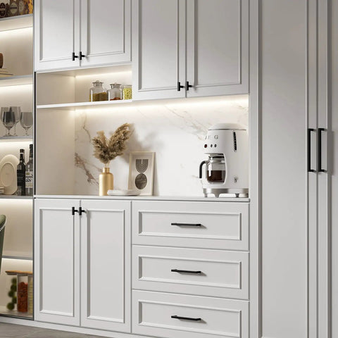 Modern kitchen with 5 Pack Black Square T Bar Cabinet Knobs With Single Hole Slick Stainless Steel Modern Drawer Pull Handles installed.