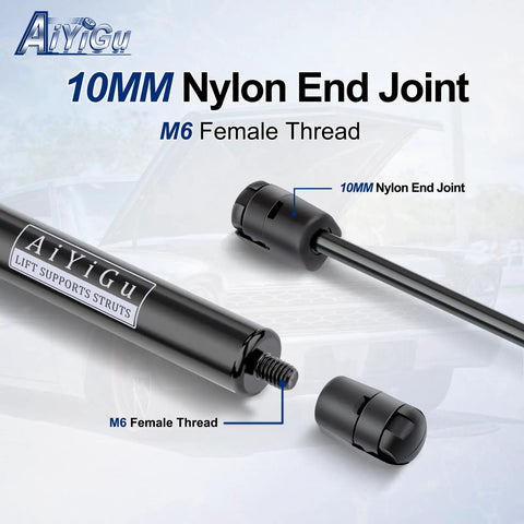 Close-up of Rear Hatch Trunk Lid Shocks Struts Gas Springs Pair For Ford Mustang 1994 2004 And Panoz Esperante 2000 2007 Bolt In Lift Gate Supports Easy Install OEM Replacement PM2014 SG304019 showing 10MM nylon end joint and M6 female thread