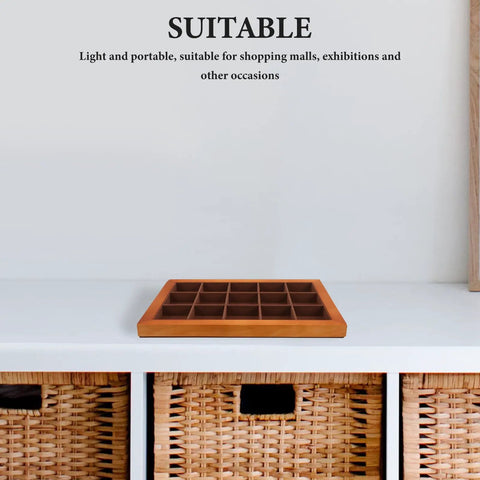 Top Shelf Solid Walnut Wood Jewelry Tray Organizer With Fifteen Grids For Rings Necklaces And Bracelets Compact Vanity Storage Display Plate For Counters on a white shelf.