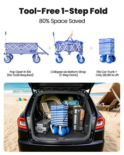 Heavy Duty Beach Wagon With 9 Inch Balloon Wheels And Tailgate Foldable Sand Cart fits in car trunk