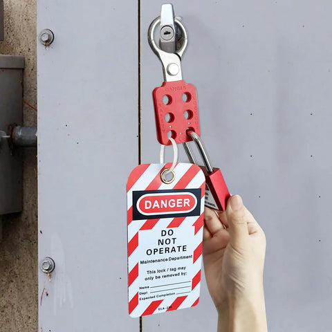 Rock Solid Lockout Tagout Station Bundle With Full 60 Piece Electrical Safety Kit showing red lockout tag and padlock on a cabinet.