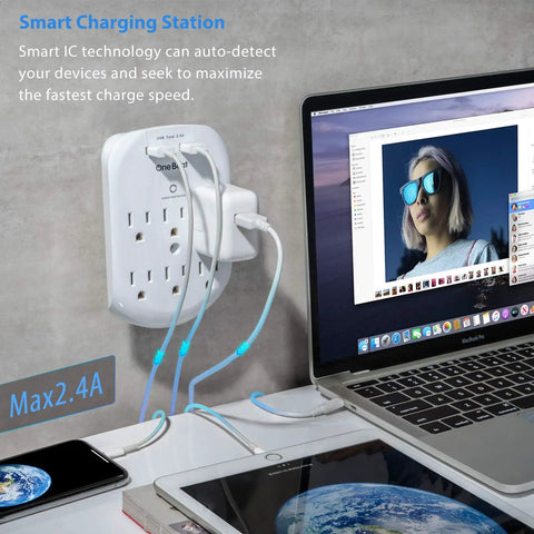 Six Outlet Surge Protector Power Strip With Two USB Ports Fast Charge 2.4A 490 Joules Surge Protection ETL Listed