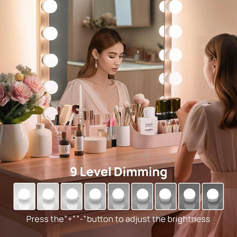 Woman using Glam Hollywood Style Vanity Lights For Mirror With 10 Dimmable Bulbs, Color Tunable 3000K 4000K 6500K, 9 Brightness Levels