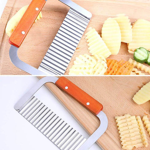 Ehdching 1pc stainless steel wavy crinkle cutter with orange wooden handle for potatoes and vegetables