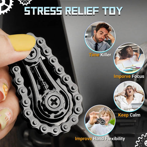 Person holding the Sprocket Fidget Bike Chain Hand Roller for Anxiety Relief and Sensory Fun, shown in black metal.