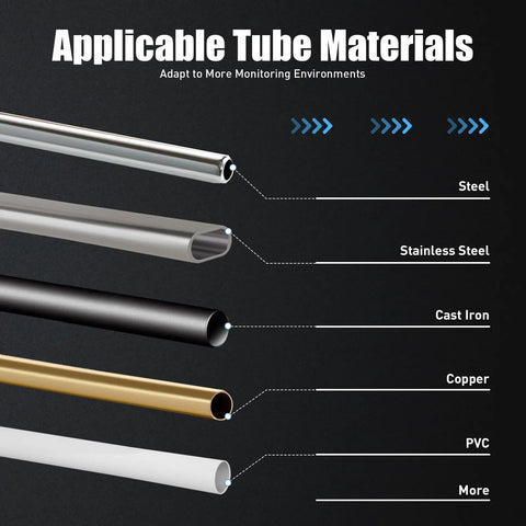 Various pipe materials compatible with the No-Nonsense Digital Ultrasonic Flow Meter, including steel, copper, and PVC.