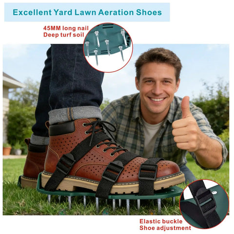 Man wearing upgraded lawn aerator shoes with 26 stainless steel spikes, quick setup straps, for improved lawn health and green.