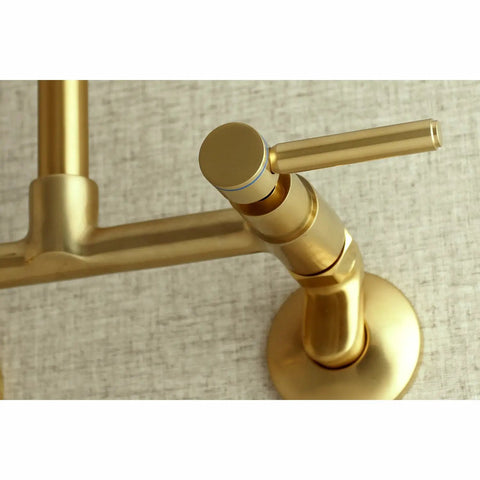 Close-up of a brushed nickel handle on 8 Inch Adjustable Center Wall Mount Kitchen Faucet with solid brass construction.