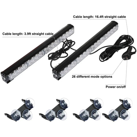 Straight Up Tough 2X16 Inch Led Strobe Light Bar Packing 32 Blazing Diodes And 26 Quick Swap Flash Patterns For Interior Emergency Traffic Advisory Warning Duty In Solid Amber And Crisp White with cables and suction mounts.
