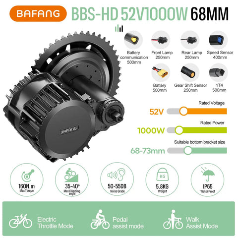 52V 1000W Mid Drive Ebike Conversion Kit With CAN Bus EKD01 Display 46T Chainring 20Ah Battery specs and features